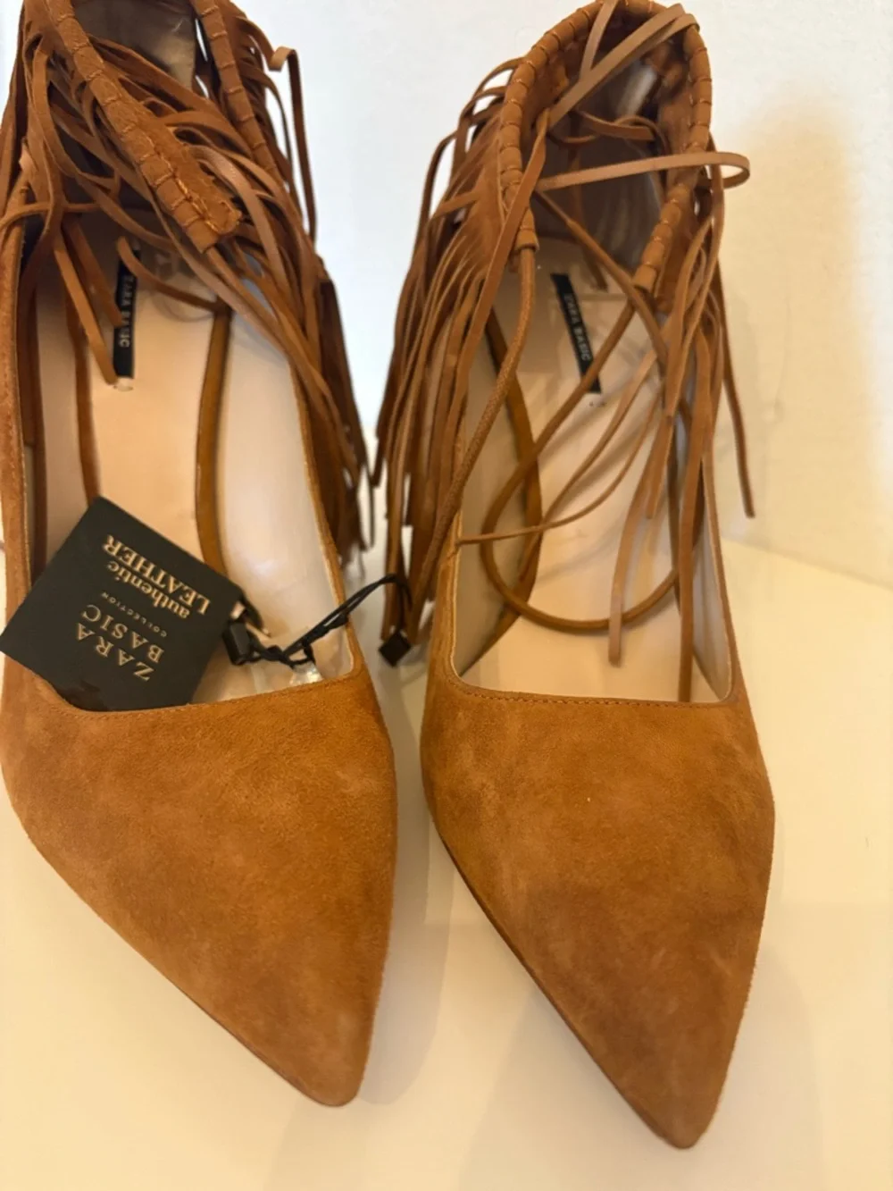 Zara Camel Suede Fringe Pointed-Toe Heels - Picture 2 of 5